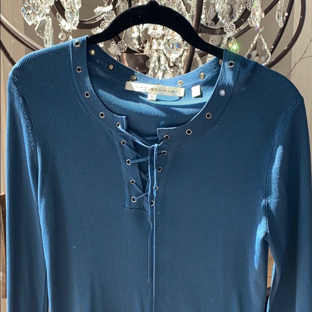 Max Studio Slate Blue Top with rivets and tie